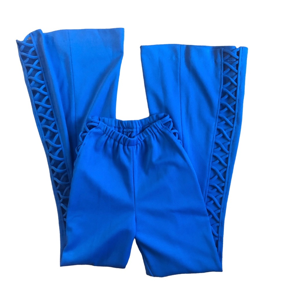 VTG Frederick’s Of Hollywood Knit Cut Out Side Flare Pant Blue High Waist Size 5 - Picture 1 of 4